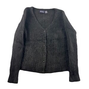Vintage Hillard & Hanson Cardigan Sweater Womens L Angora Blend Black Ribbed Y2K